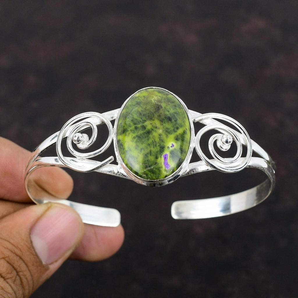 Bransoletka mankietowa z stichtytem Biżuteria z naturalnych kamieni szlachetnych Bransoletka ze srebra próby 925 Ręcznie robiona biżuteria Regulowana bransoletka Stylowa biżuteria Prezent dla mamy