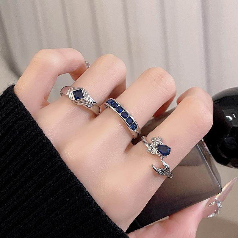 Blauer Zirkon Fischschwanz Voll Diamant Offener Ring Nischen Design Leichter Luxus Hohes Gefühl Personalisierter Französischer Ring
