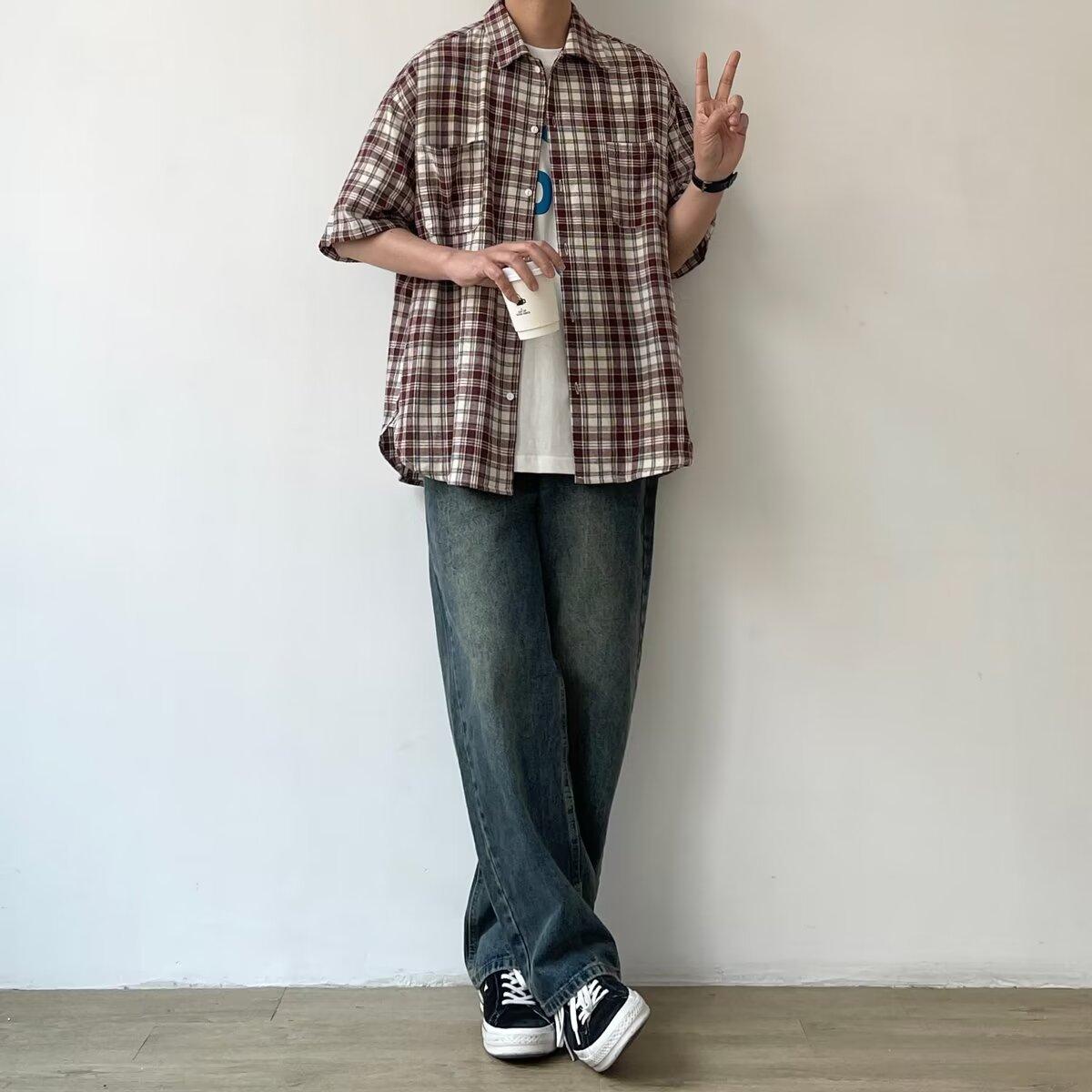 

Клетчатая рубашка мужская летняя японская ретро свободная повседневная рубашка с рукавами пять четвертей американская уличная модная брендовая куртка 2XL красный