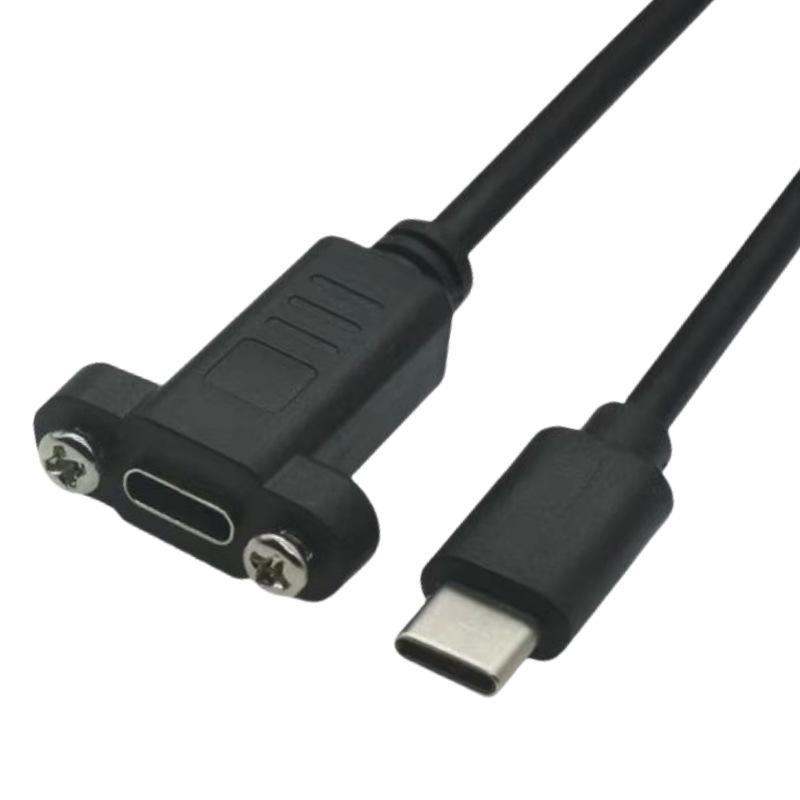 1Pcs Black Panel Mount Type-C USB-C Male To Female Extension Cable With Screw Hole Lock Connector Cable 0.3/0.5/1/1.5 Meters