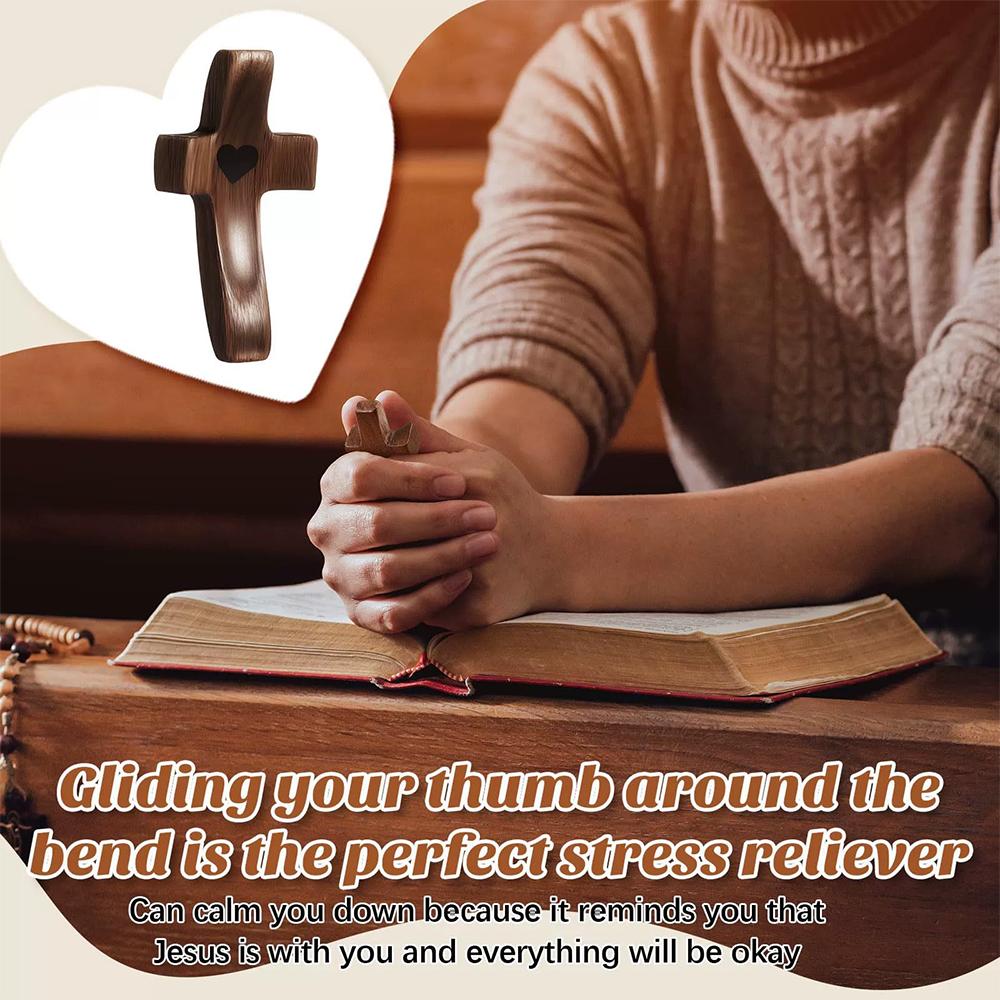 [Handheld Cross with Heart Cutout] Wooden Pocket Cross with Heart Cutout, Stress Relief Handheld Cross, Encouragement Gift for C