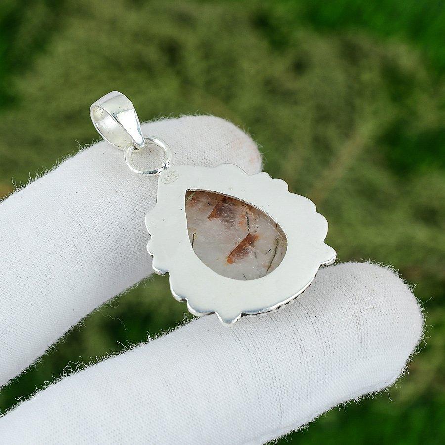 Natural Rutile Gemstone Pendant Black 925 Sterling Silver Indian Jewelry
