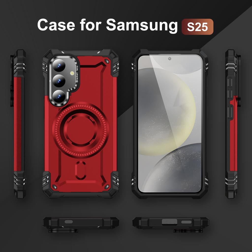 For Samsung Galaxy S25 Magnetic Case Lens Kickstand PC + TPU Shockproof Phone Cover
