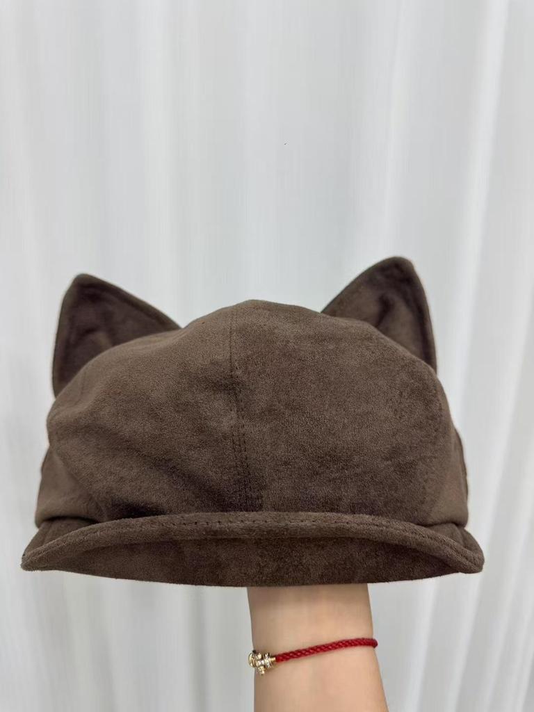 Women's Suede Cat Ear Beret — Autumn Winter Retro Octagonal Hat, Solid Color, Versatile Painter Style for a Chic Look