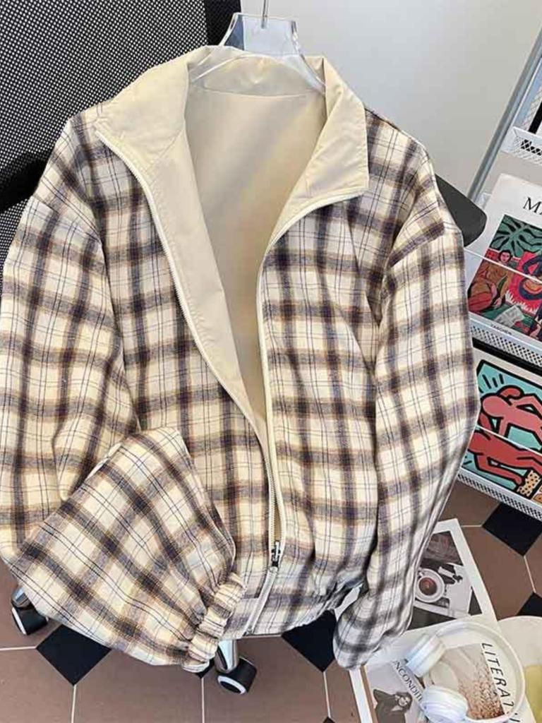 Spring and Autumn double-sided plaid jacket men's stand-up collar casual trendy brand ruffian handsome American front and back two wear retro loose 