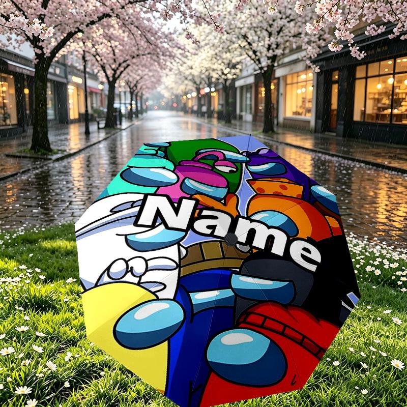 Custom Name Personalized Among Us Print Umbrella, Auto Open Close, 8‑Rib Sturdy Frame, Commute Camping Hiking Use, Birthday Gift