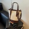 Chic Minimalist Two Tone Bucket Bag, Canvas & Leather Tote Bag, Convertible Strap Crossbody Bags for Commute & Casual Outings
