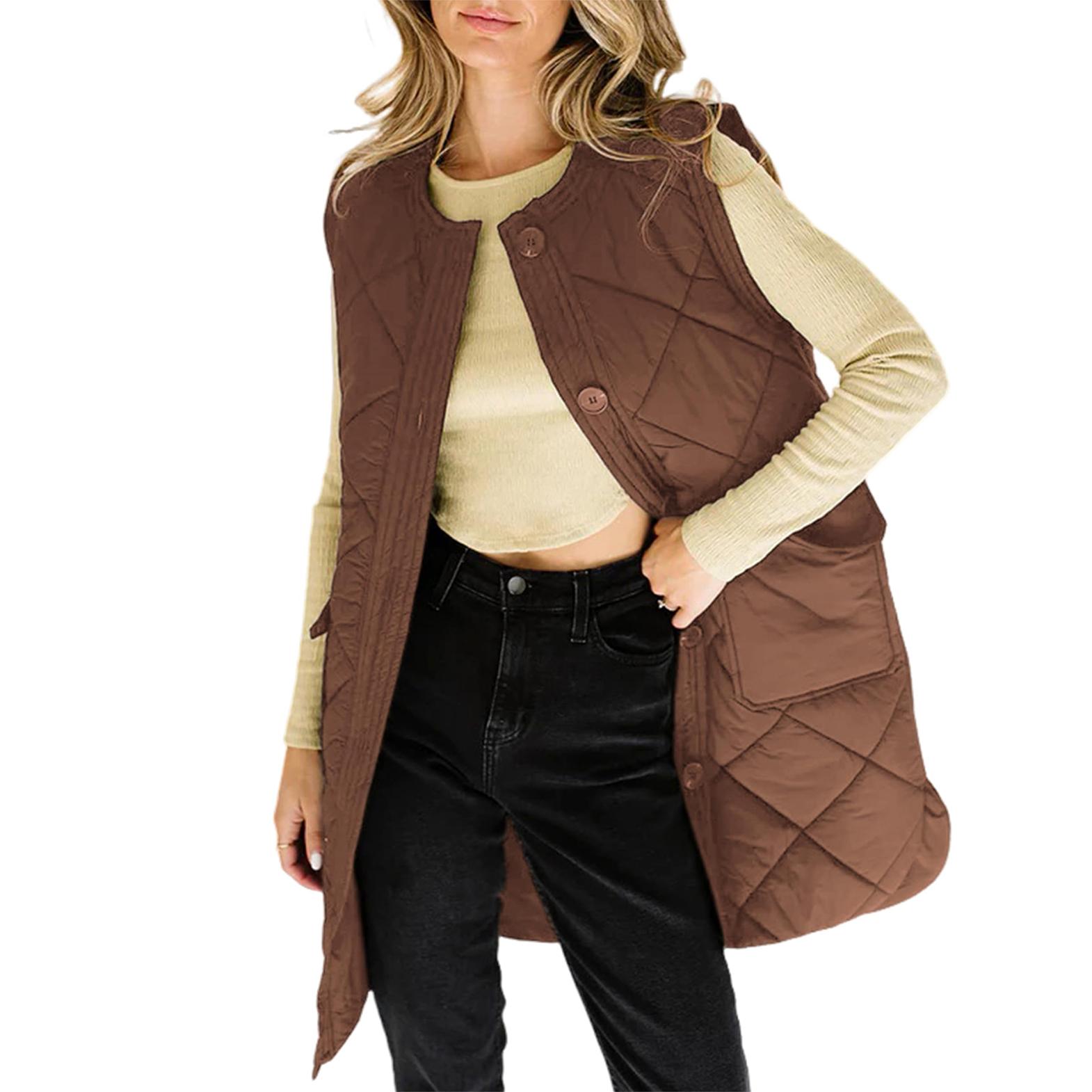

Женский модный однотонный безрукавный жилет с карманами, повседневный L коричневый