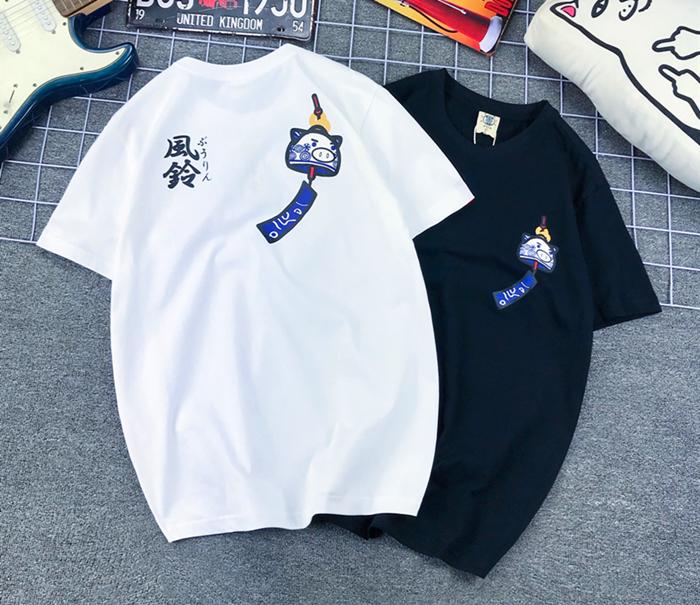 Japan Fengtian Store Pig Wind Chimes Cartoon Simple Printing Teen Couple T-Shirt Men's and Women's Short Sleeves