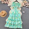 Summer French One Line Neck Fragmented Flower Dress Pleated Waist Wrapped High Grade Sweet Dress