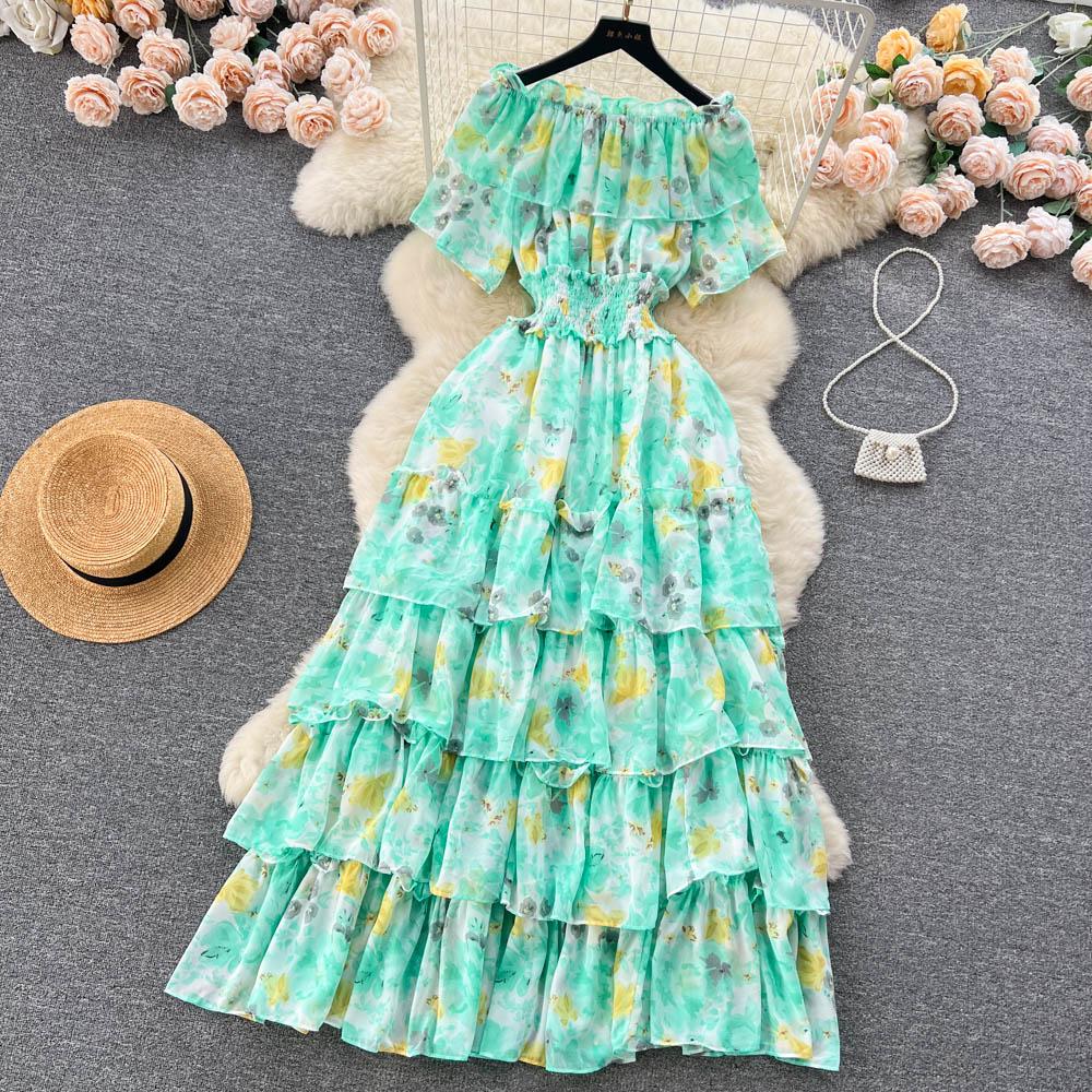 Summer French One Line Neck Fragmented Flower Dress Pleated Waist Wrapped High Grade Sweet Dress