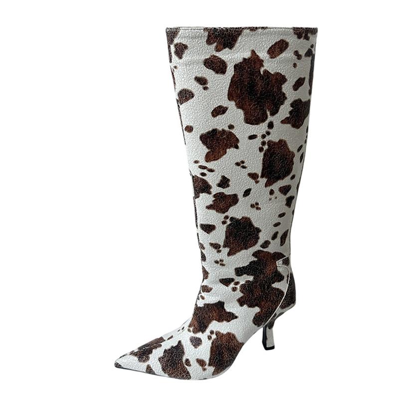 Móda Liyke Nová móda Dlouhé boty nad koleno na zip Designérské Dámské Kožené s kravským potiskem Špičatá špička Nízký tenký podpatek Společenské taneční boty Velikost 43
