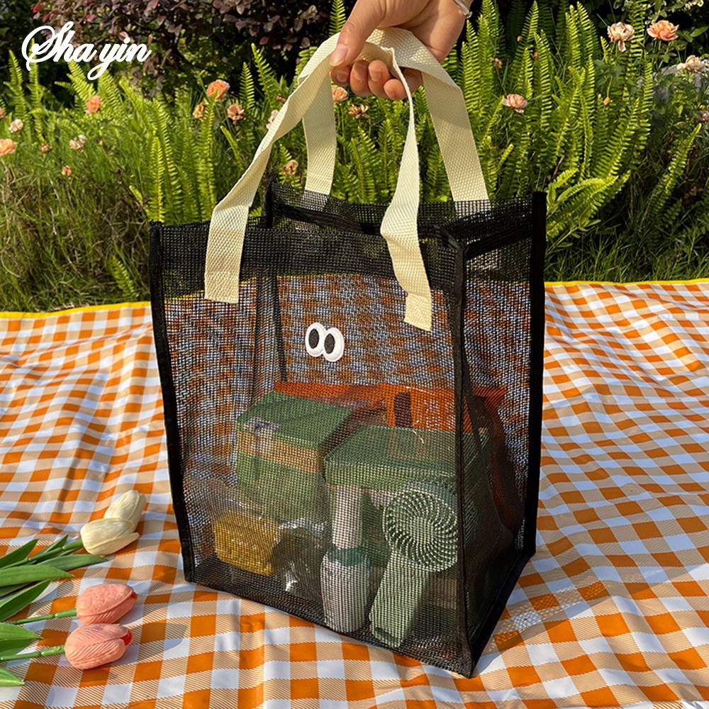 Big Eyed Breathable Mesh Tote Bag for Leisure Travel, Hand-held Beach Bag for Washing and Storage, Large Capacity Tote Bag