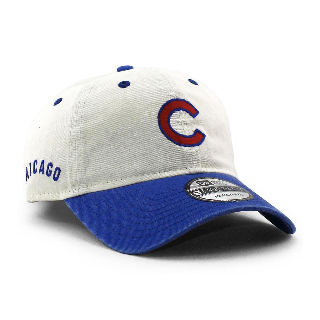 New Era 9TWENTY Strapback Chicago Cubs MLB Classic Sidescript Strapback Cap In Low Cream. Profile.