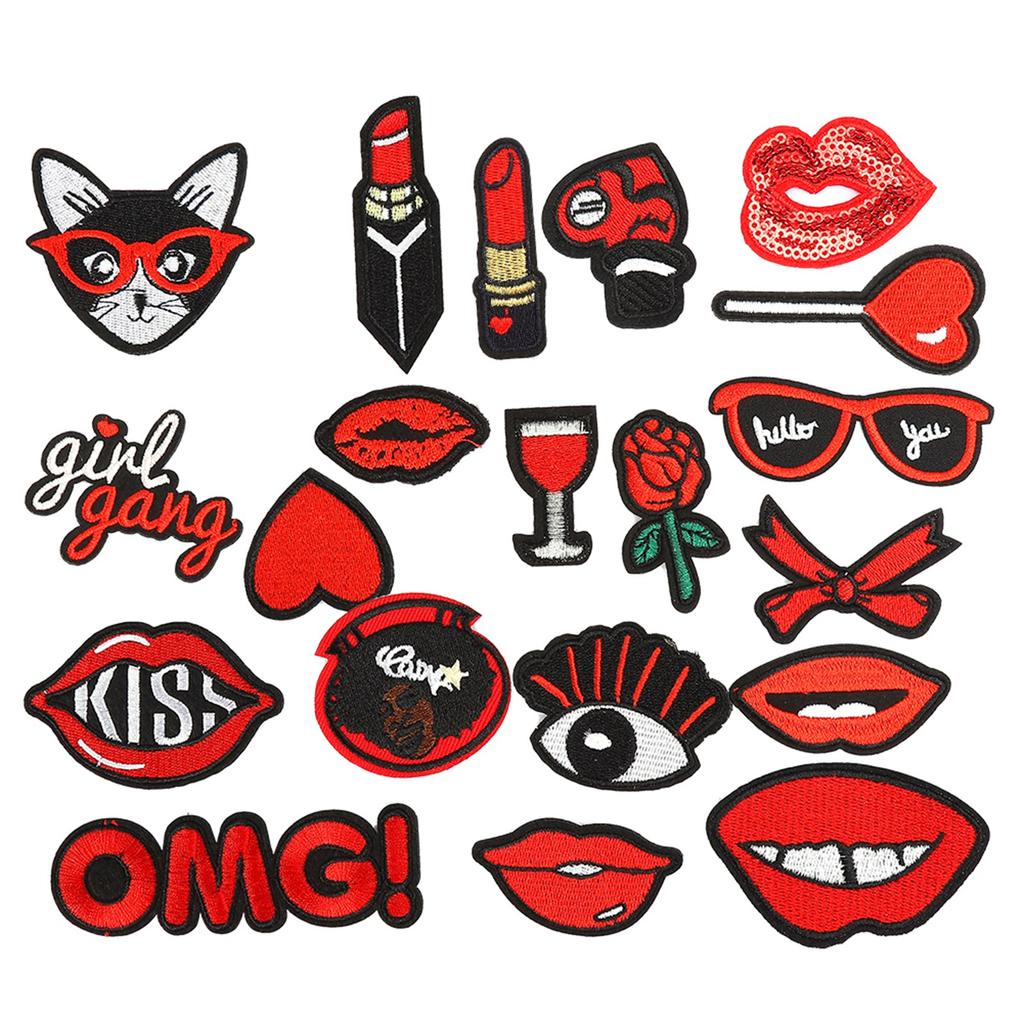 20 peças Patch Padrão Lábios Decorativo Batom Adesivo para Roupa Bordado Adesivo Patch Termocolante