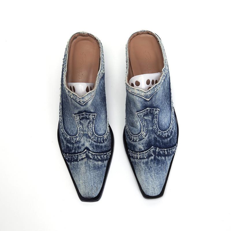 Summer New Denim Thick Heel Slippers Women's Cut Pointed Head Bag Head Wear High Heel Sandals