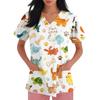 Women V Neck Short Sleeve Work Shirt with Pockets Animal Print Top for Healthcare Professionals Nurses Veterinary Staff