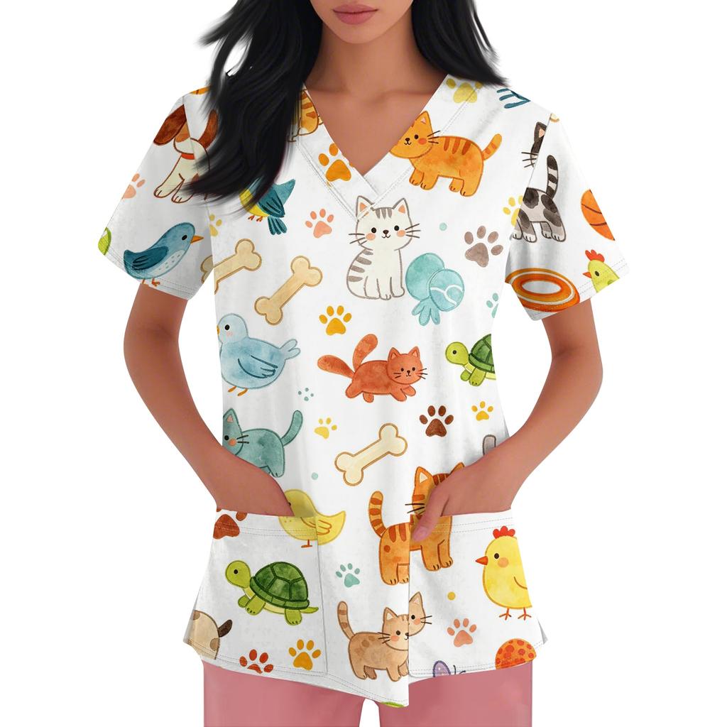Women V Neck Short Sleeve Work Shirt with Pockets Animal Print Top for Healthcare Professionals Nurses Veterinary Staff