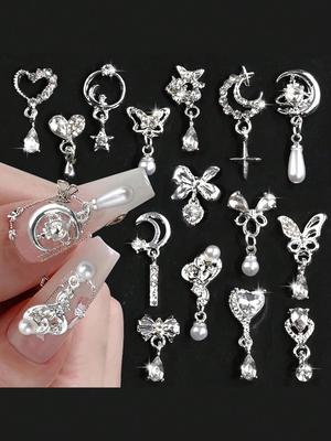 15 Τεμ. Κράμα Μετάλλου Ασημί Καρδιά Φιόγκος Στρας Νυχιών Στολίδια Νυχιών Y2K, 3D Αστέρι Φεγγάρι Κρεμαστό Φούντες Μαργαριτάρια Κρύσταλλα DIY Διακοσμήσεις Νυχιών