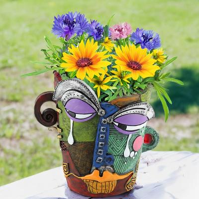 Picasso-inspirerad abstrakt ansiktsblomkruka | Unik huvudplanteringskruka med dräneringshål | Livfulla färger & udda konstdekor (Tårar)