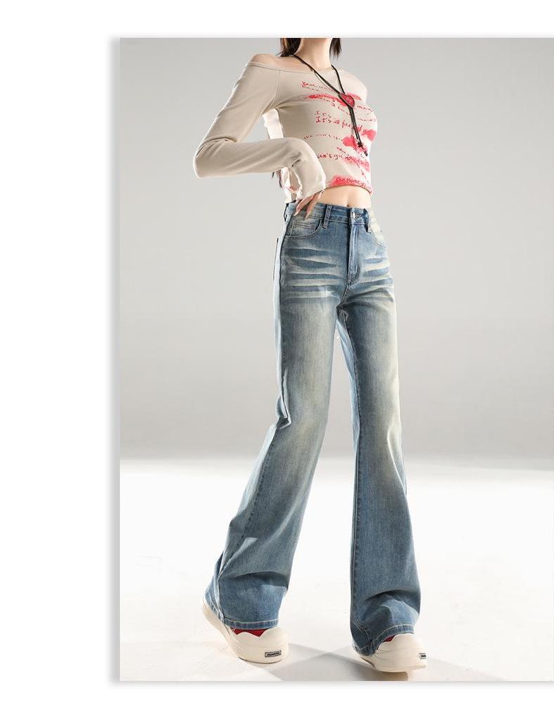 American Retro Mid-Waist Micro-Flare Jeans for Women - 2025 Autumn, Loose Fit, Crease Design