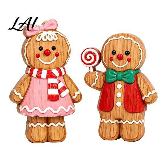 Christmas Gingerbread Man Ornaments Cartoon Wooden Ornament Double-sided Printed Desktop Tabletop Figurines Holiday Decor Decorative Craft for Home