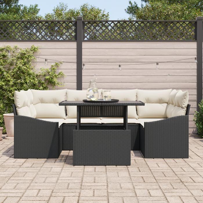 VidaXL Ensemble de canapé de jardin 7 pièces avec coussins en rattan poly noir 3357670