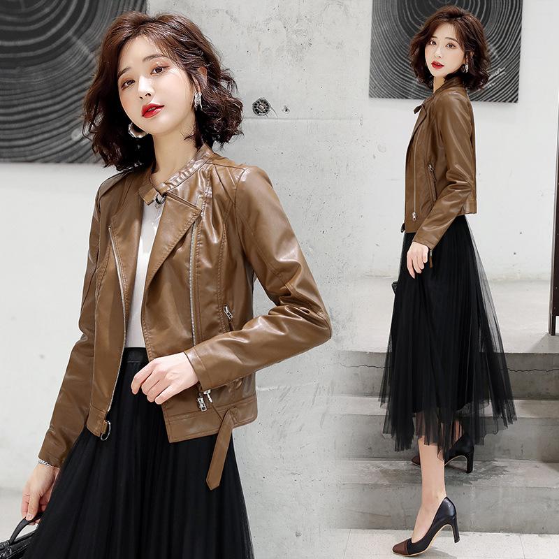 Leather jacket women's short coat spring and autumn new velvet thickened slim fit small leather jacket top