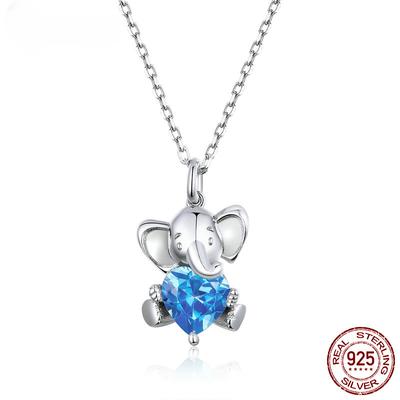 Ocean Blue Heart CZ Elephant Pendant Necklace for Women 925 Sterling Silver Luxury Animal Silver Jewelry Collar