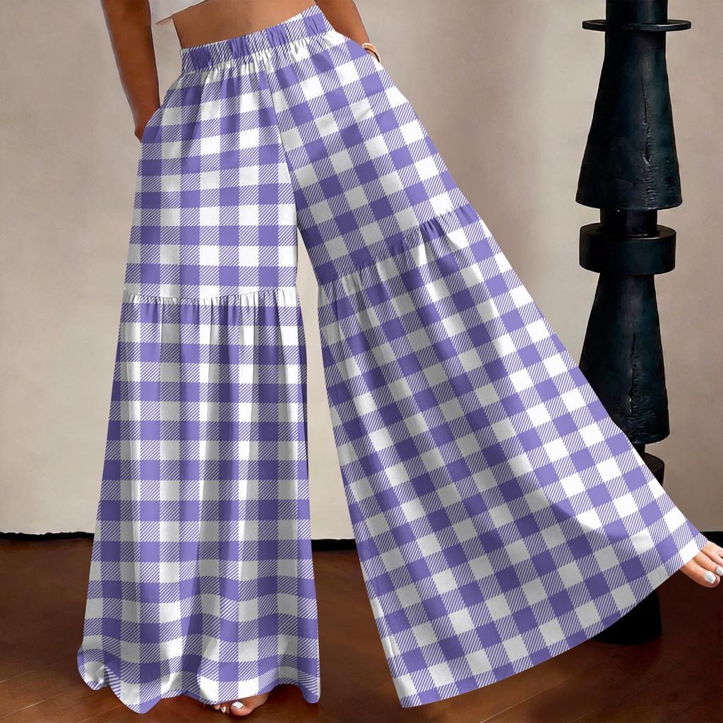 Women's High Waist Wide Leg Pants Loose Fit Lightweight Plaid Print Casual Trousers with Elastic Waistband Comfortable Fit