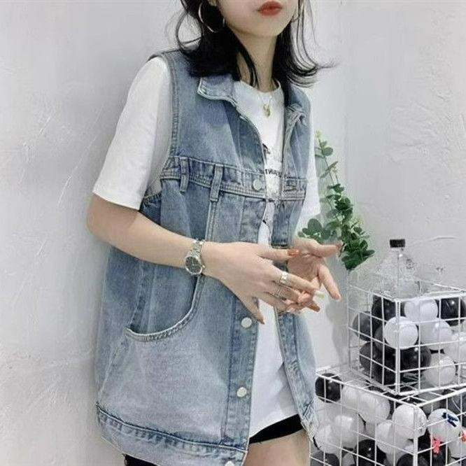 Spring and Autumn Large Size Sleeveless Denim Vest Women's Loose Casual All-match Fashion Vest Tooling Waistcoat Jacket Trend