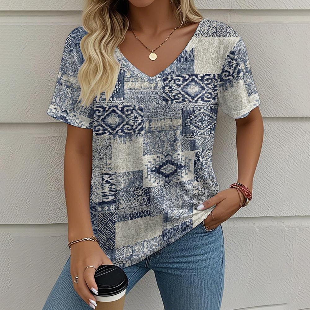 Vintage Women's T-shirt Ethnic Group Print Summer Crew Neck Short Sleeve Outdoor Casual T Shirts Female Oversized Clothing