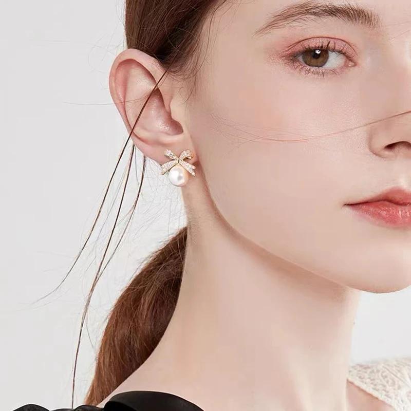 Französisch Elegant Mikro Set Zirkon Schleife Perlenanhänger Ohrringe 2024 Neues Design Zirkon für Damen Mädchen Mode Ohrschmuck