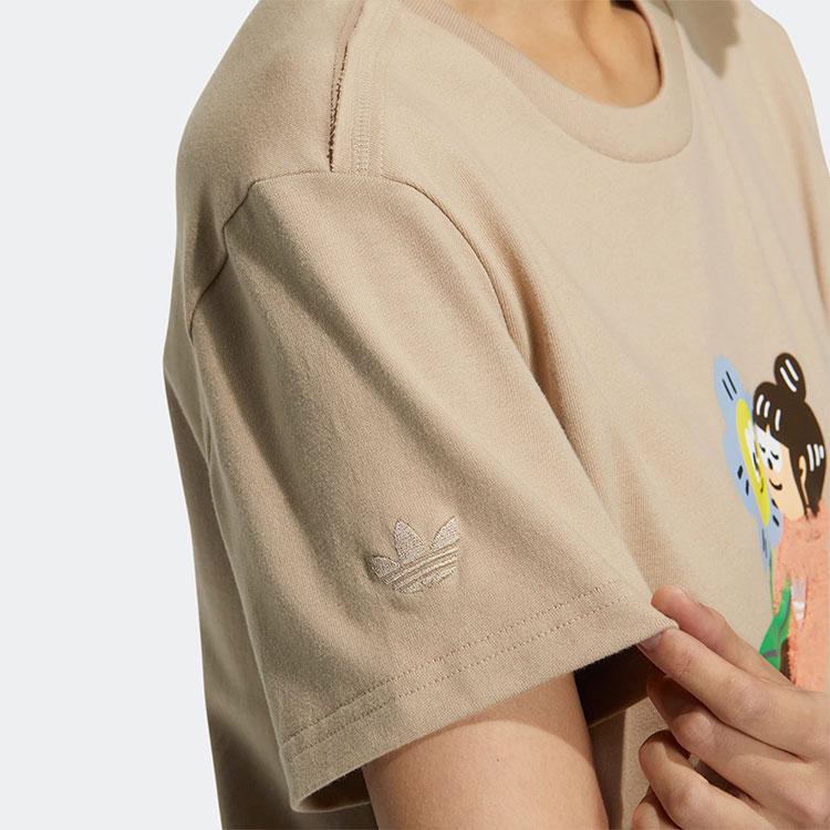 Adidas Originals Trefoil Cartoon Character Print Round Neck Short Sleeve T-Shirt Women Tops Khaki-Brown HR3473
