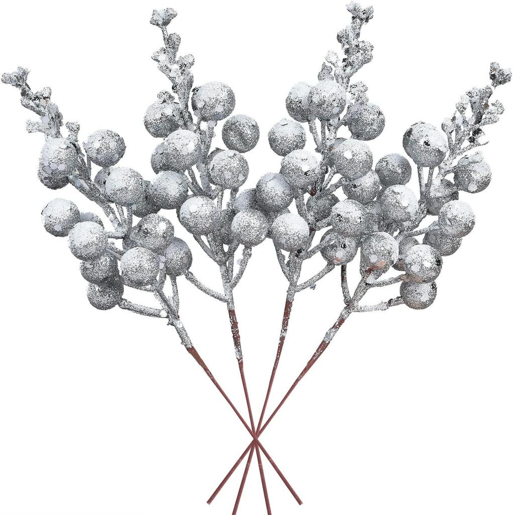 16 Pack Christmas Glitter Berries Stems, 8" Artificial Christmas Picks Snowy Berry Stems for Christmas Tree Ornaments, DIY Xmas Wreath, Crafts,Holiday