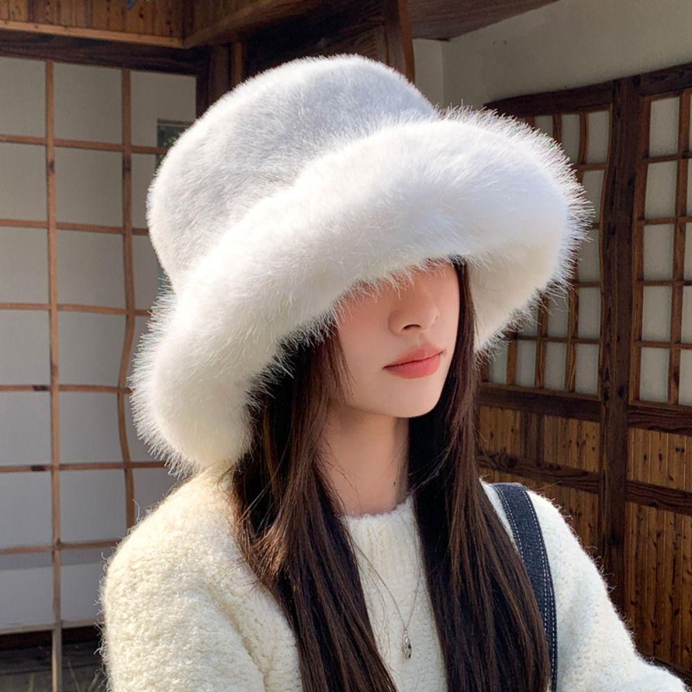 Solid Color Faux Fur Bucket Hat Imitation Fur Luxury Plush Hat Fluffy Fur Fisherman Hat Winter