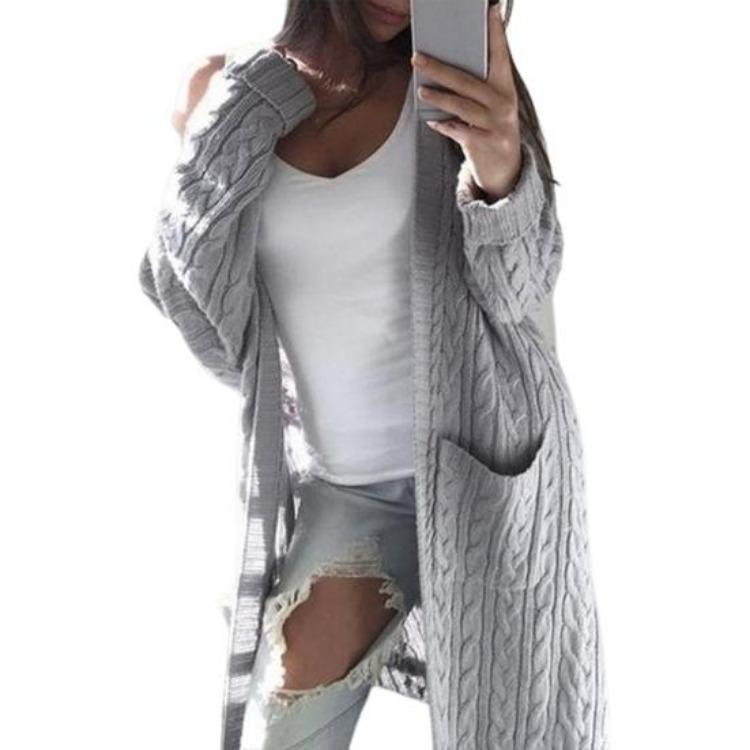 

Trendy Pure Color Knitted Coat Cardigan Style Mid Length Sweater Double Pockets Warm Skin Touch Female Knitwear 3XL світло-сірого кольору
