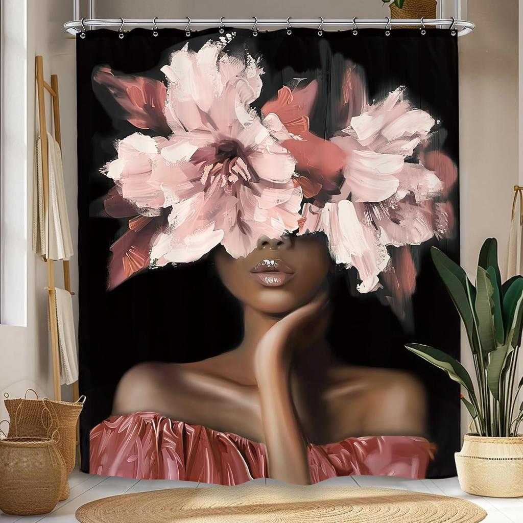African American Olive Green Shower Curtain Black Girl Flower Oil Painting Art Bathroom Accessories Decoration with 12 Hooks