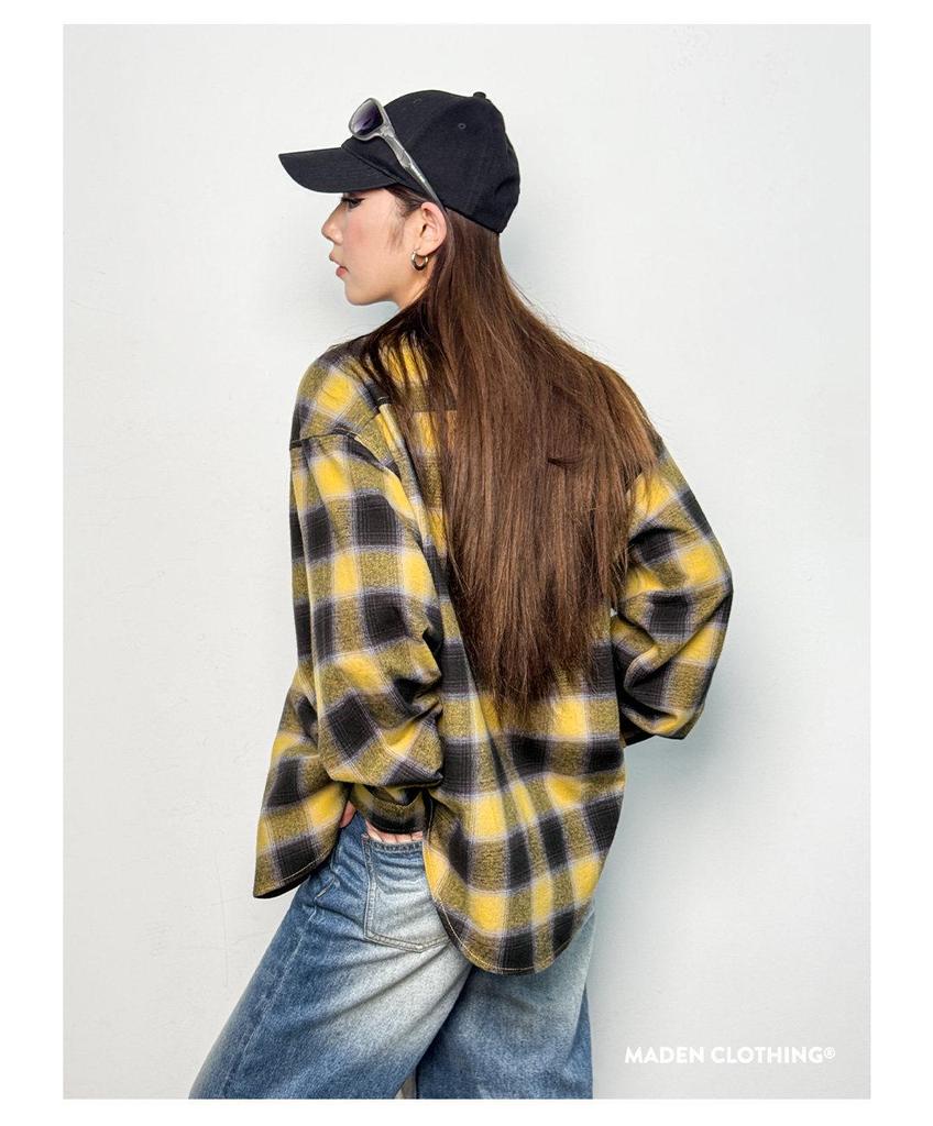 Women's Retro Plaid Brushed Cotton Shirt Jacket with Lapel - Long Sleeve, Spring