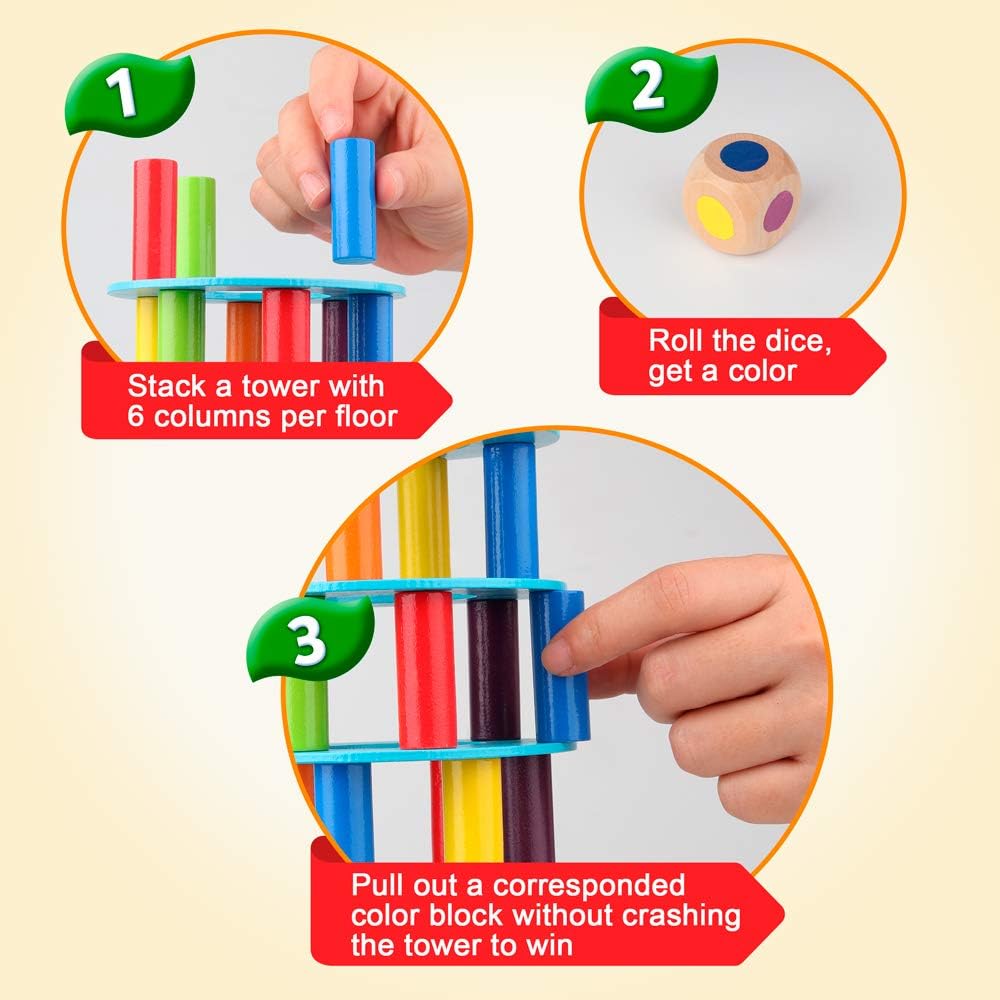 Coogam Wooden Tower Stacking Game, Fine Motor Skills Building Blocks with Dice, Slate Tower Toy, Montessori Family Party Games for Children and Adults