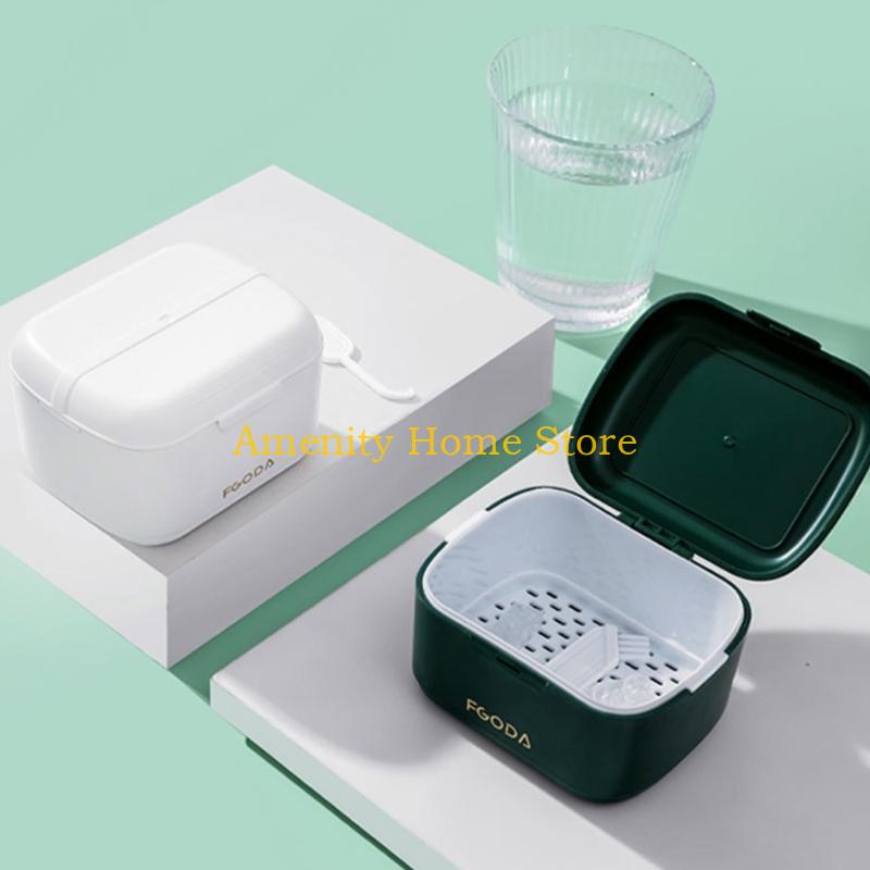 F26C Denture Bath Box Case Dental False Teeth Storage Box with Hanging-Net Container Braces Denture Teeth Care Tool