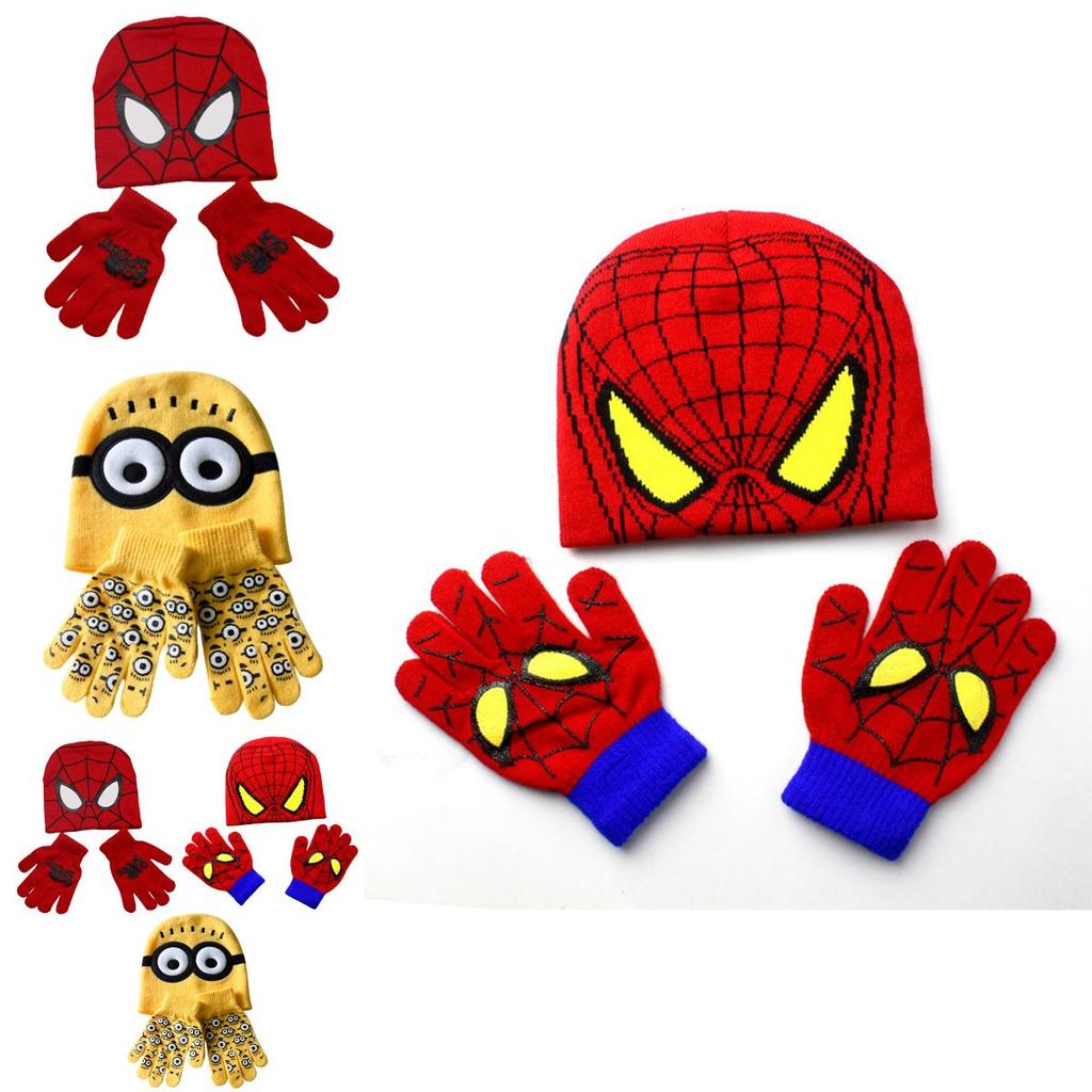 Stylish Children's Spiderman Minions Knitted Hat And Gloves Winter Warm Suit
