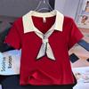 Summer new high-end POLO collar short-sleeved t-shirt women's college style contrasting colors versatile and thin shoulder top