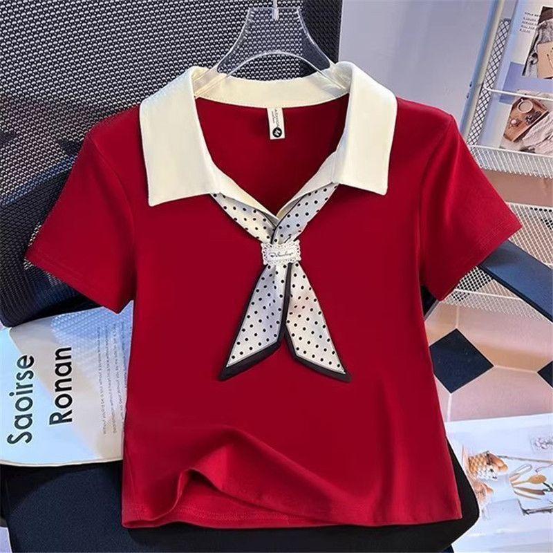 Summer new high-end POLO collar short-sleeved t-shirt women's college style contrasting colors versatile and thin shoulder top