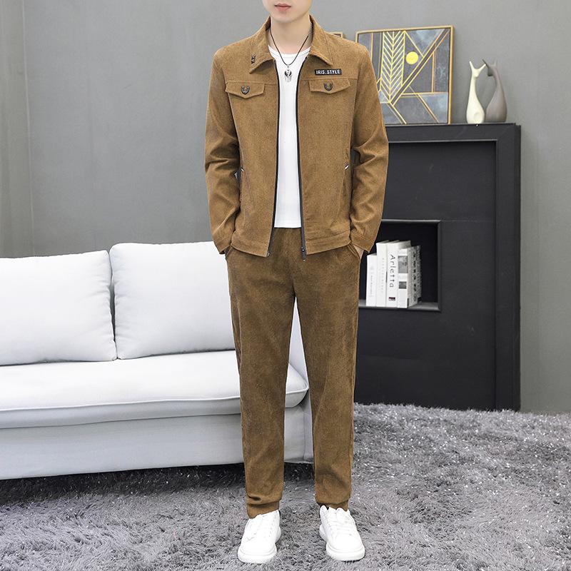 Men Autumn  Casual Track Suit Corduroy Sets Two Piece Long Trousers and Jakcet Clothing Men  Pockets Suits
