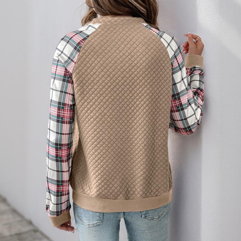 Women S Vintage Casual Loose Fit Plaid Patchwork Long Sleeve Sweatshirt