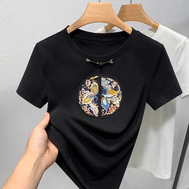 New Chinese Short-sleeved T-shirt for Women's New Round Neck Embroidered Embroidered T-shirt Light Chinese Style Chinese Elements Improved Top