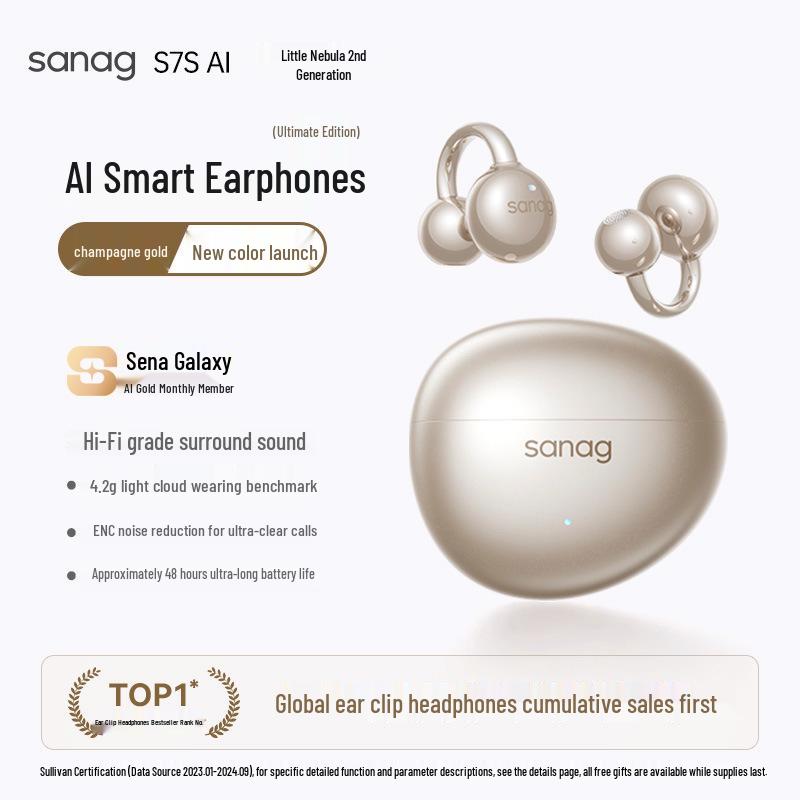 Sanag S7S Bluetooth Ear Clip Earphones with AI Translation and Air Conduction for 2025 Sports - Open, Not In-Ear Design
