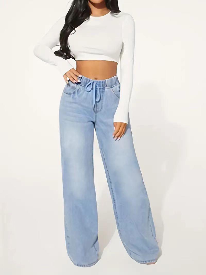

2025 Women s High-Waisted Slimming Drawstring Loose Wide-Leg Denim Jeans M светло-синий