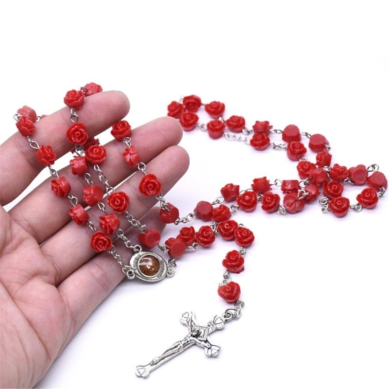Einzigartige katholische Rosenblumen-Perlen Kreuze Anhänger Rosenkranz Halskette Gebetskette für religiöse Zeremonien und zum Verschenken
